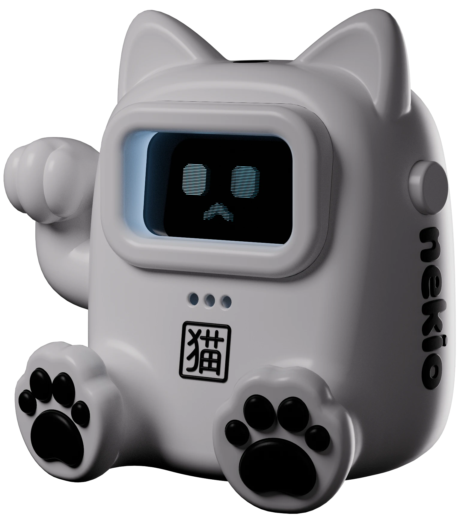 Nek.io prototype annotated with its head and paw touch points, OLED display, power button, and speaker