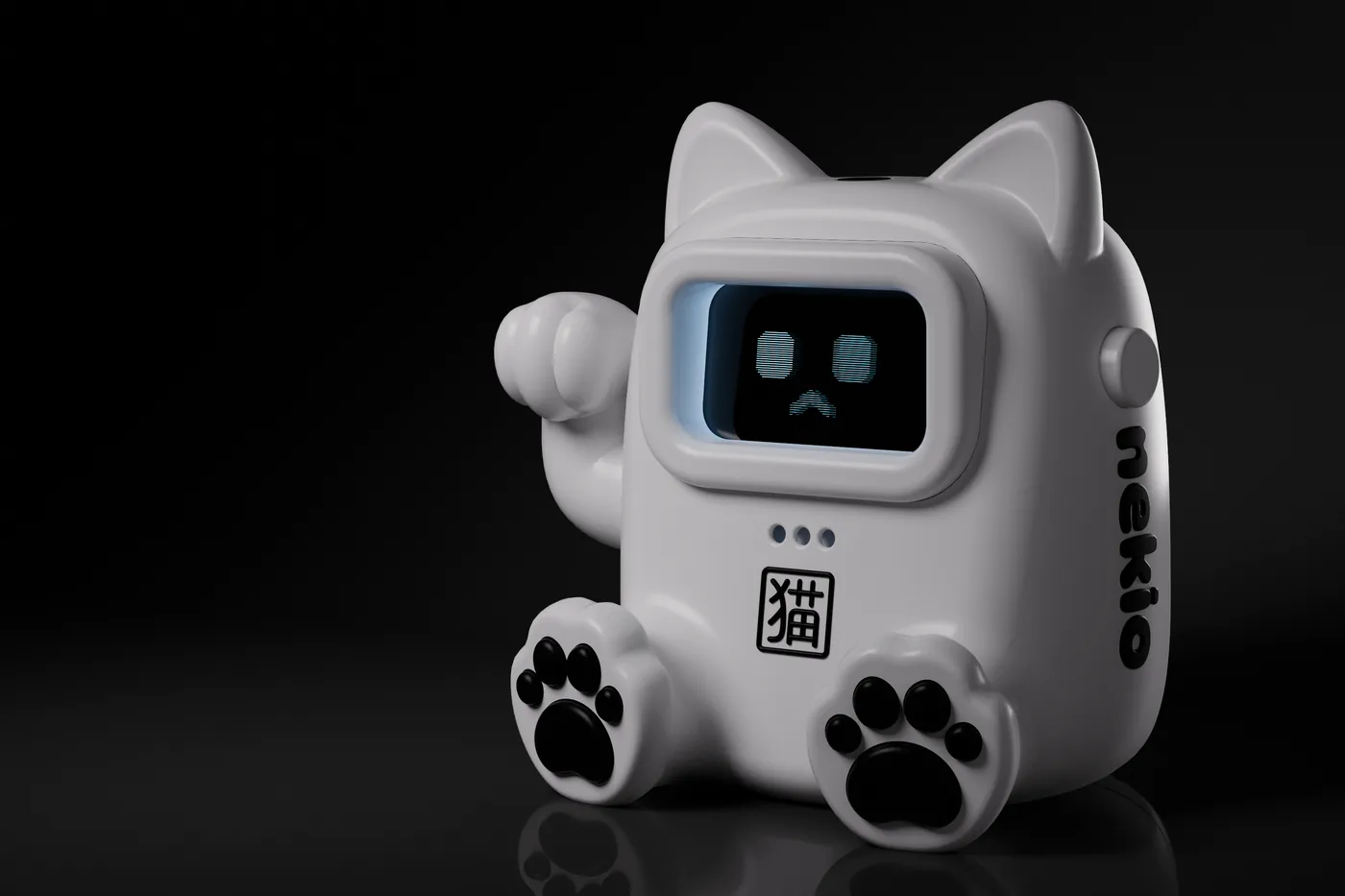 Nek.io, a white cat-shaped desktop companion robot with an OLED face display, waving one paw